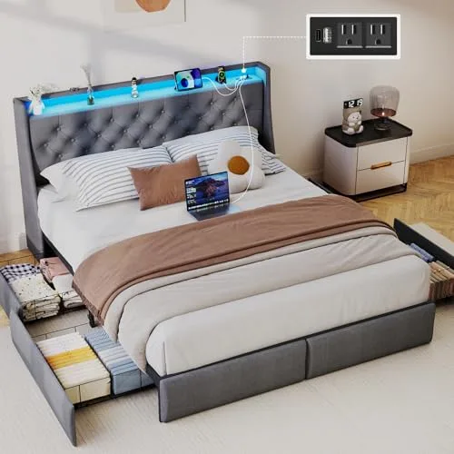 SADENICEL Classic Grey Queen bed frame with LED headboard light and storage drawers