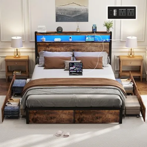SADENICEL Vintage Brown Full bed frame with 4 storage drawers