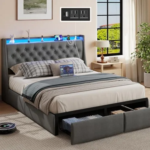 SADENICEL Classic Grey Full bed frame with 2 storage drawers
