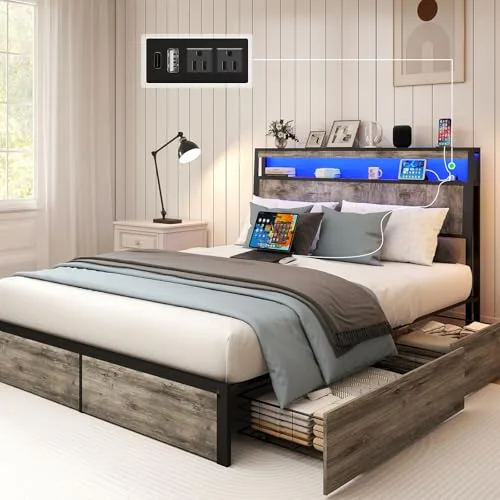SADENICEL Classic Grey Full bed frame with 4 storage drawers