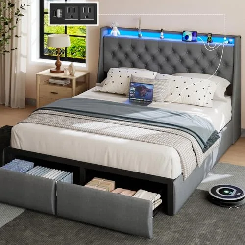 SADENICEL Classic Grey Queen bed frame with 2 storage drawers