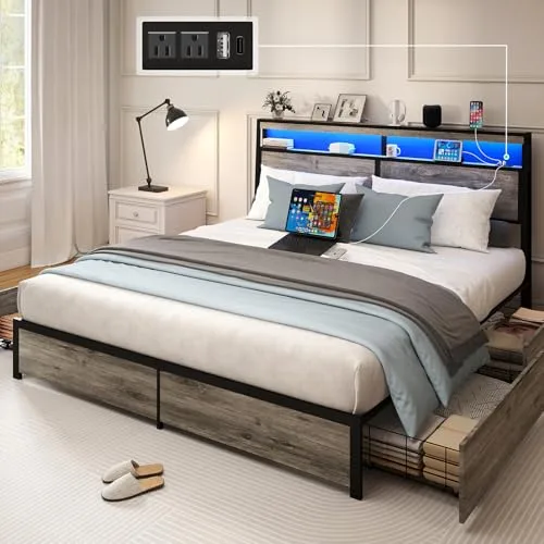 SADENICEL Classic Grey King bed frame with 4 storage drawers