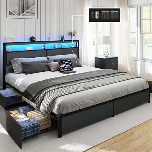 SADENICEL Rustic Grey King bed frame with 4 storage drawers