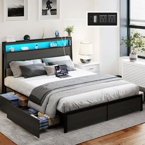 SADENICEL Rustic Grey Full bed frame with 4 storage drawers