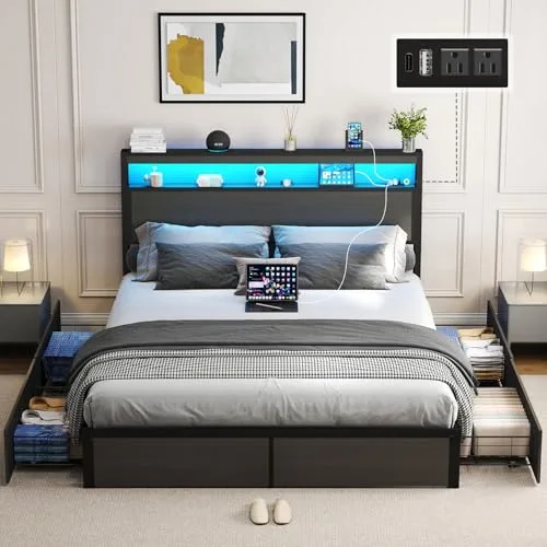 SADENICEL Rustic Grey Queen bed frame with 4 storage drawers