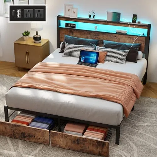 SADENICEL Vintage Brown Queen bed frame with 2 storage drawers